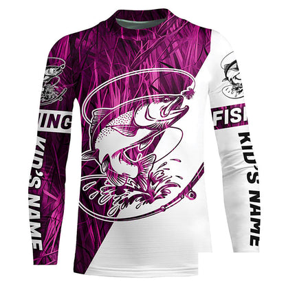 Trout Fishing Pink Camo Custom Long Sleeve Tournament Fishing Shirts, Trout Fly Fishing Shirt IPHW7441
