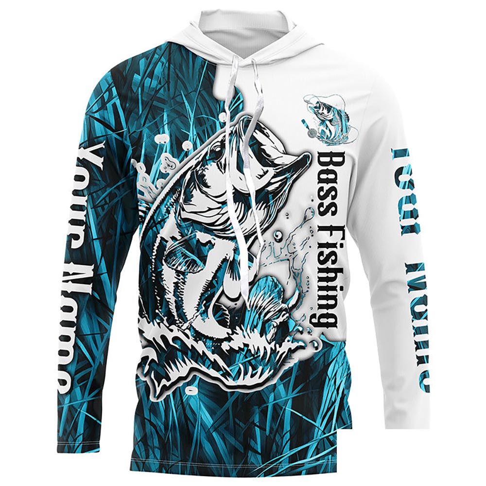Custom Largemouth Bass Fishing Long Sleeve Tournament Shirts, Bass Fishing League Shirt | Blue Camo IPHW6383