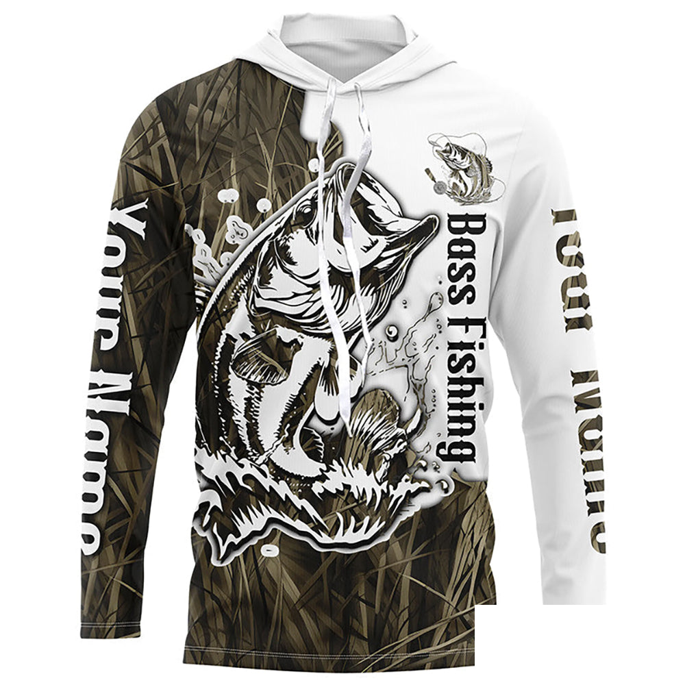 Custom Largemouth Bass Fishing Long Sleeve Tournament Shirts, Bass Fishing League Shirt | Grass Camo IPHW6384