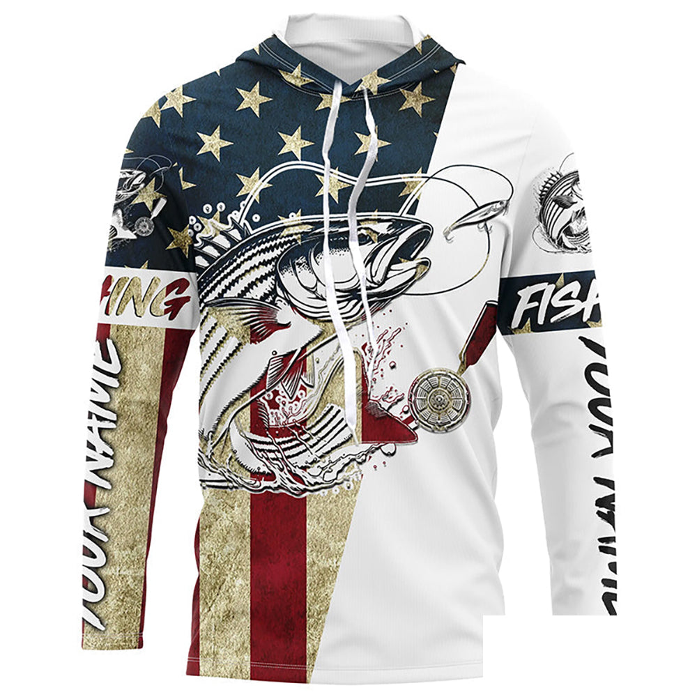 American Flag Custom Striped Bass Fishing Long Sleeve Shirts, Patriotic Stripper Fishing Jerseys IPHW6394