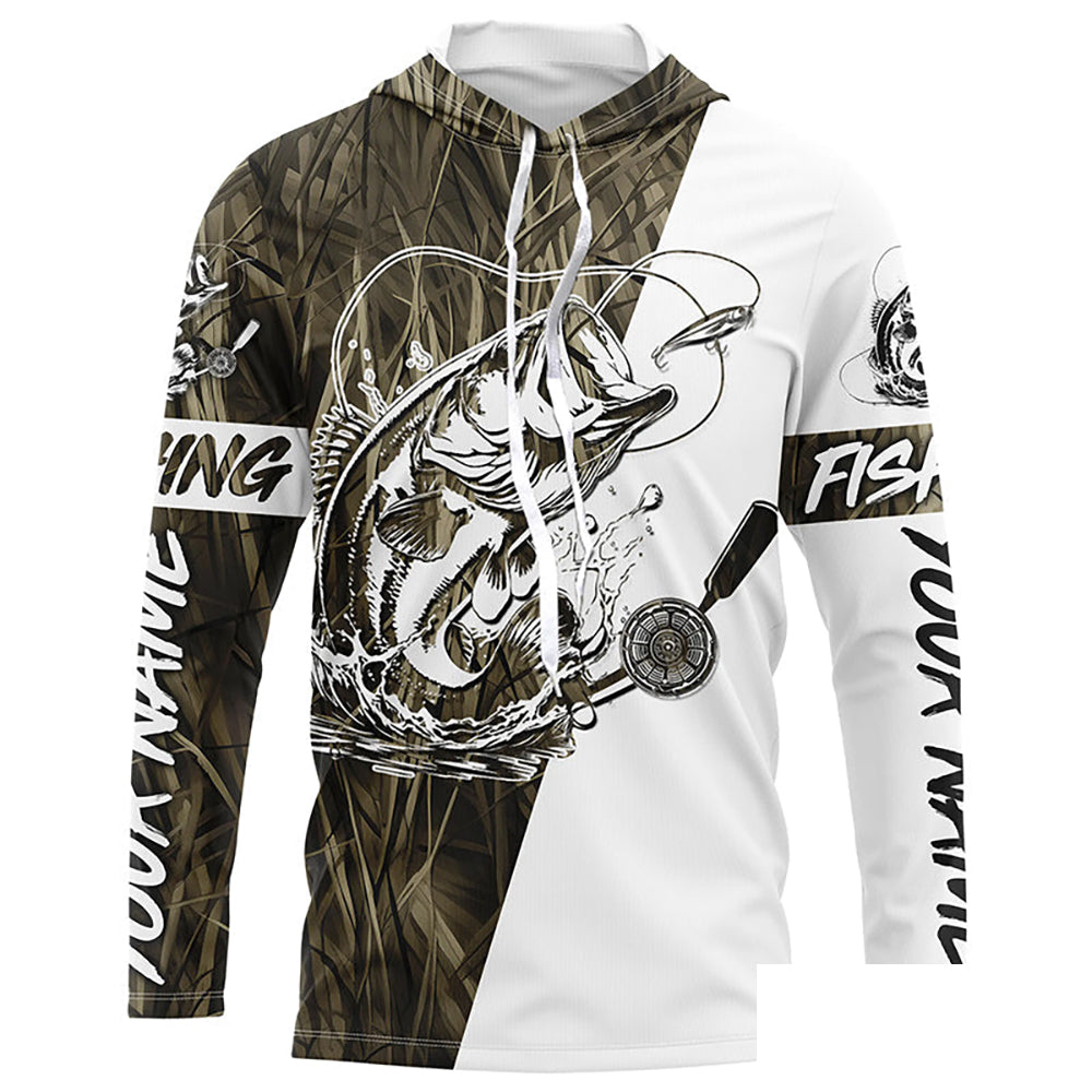 Custom Bass Fishing Tattoo Grass Camo Long Sleeve Tournament Fishing Shirts, Bass Fishing Jerseys IPHW6077
