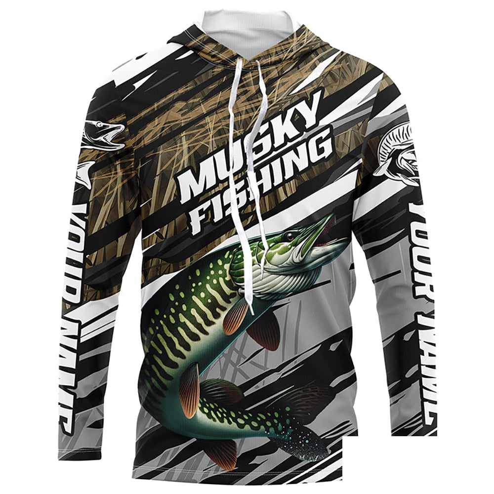 Musky Fishing Grass Camo Custom Long Sleeve Shirts, Muskie Uv Protection Tournament Fishing Jerseys IPHW6080