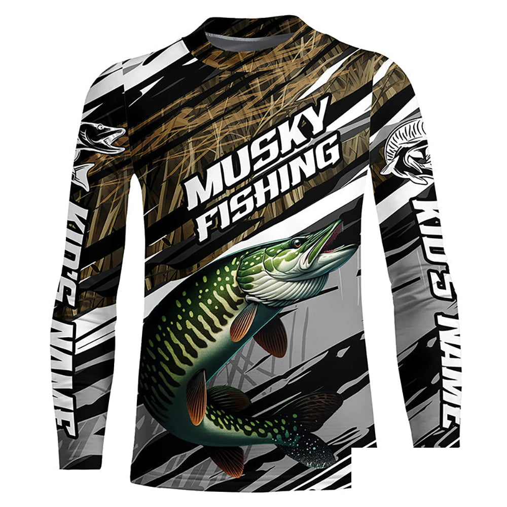 Musky Fishing Grass Camo Custom Long Sleeve Shirts, Muskie Uv Protection Tournament Fishing Jerseys IPHW6080