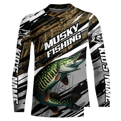 Musky Fishing Grass Camo Custom Long Sleeve Shirts, Muskie Uv Protection Tournament Fishing Jerseys IPHW6080
