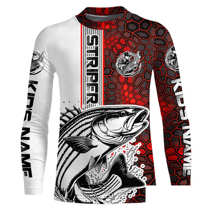 Striped Bass Fishing Red Camo Long Sleeve Fishing Shirts With Custom Name, Striper Fishing Jerseys IPHW6620