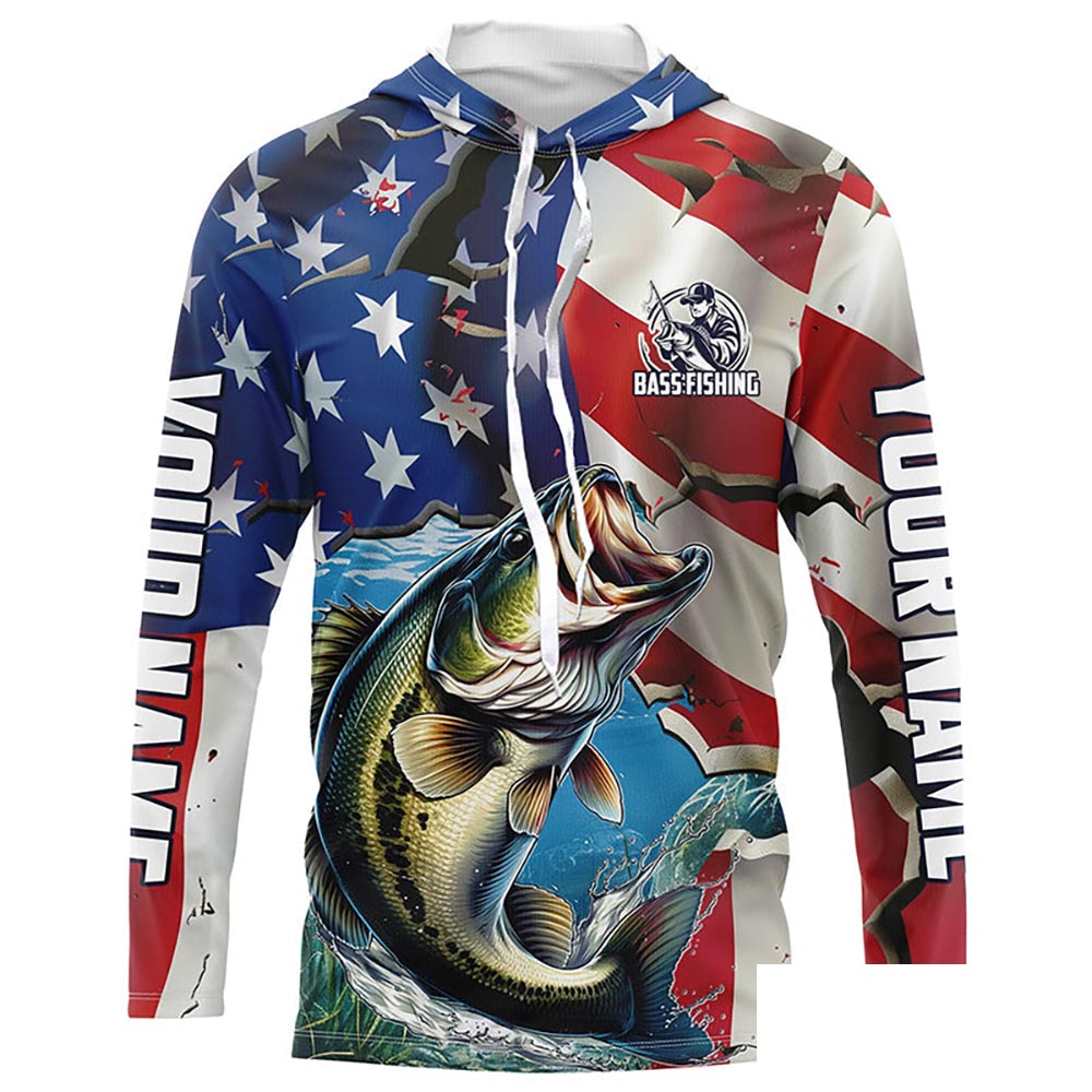 Personalized American Flag Bass Long Sleeve Fishing Shirts, Patriotic Bass Fisherman Jerseys IPHW6099
