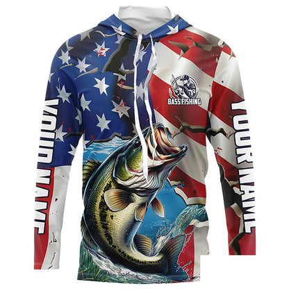 Personalized American Flag Bass Long Sleeve Fishing Shirts, Patriotic Bass Fisherman Jerseys IPHW6099