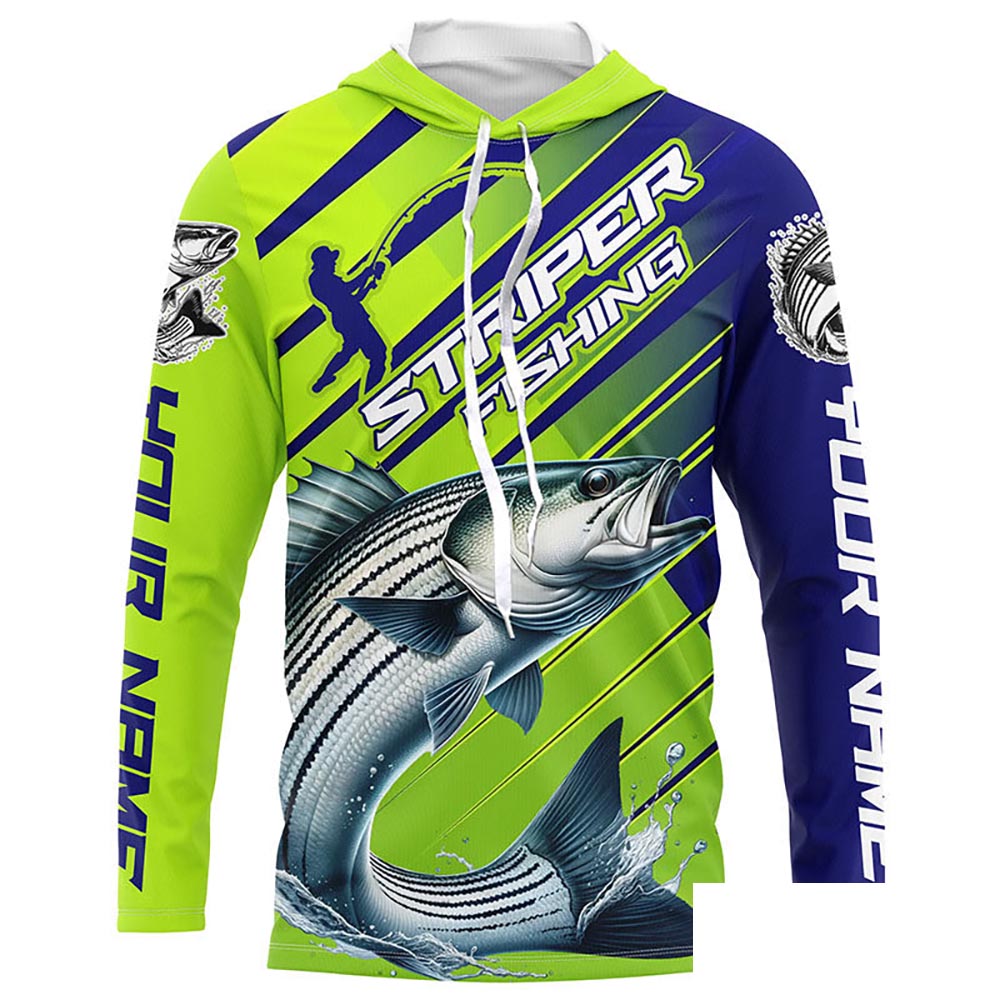 Personalized Striped Bass Fishing Tournament Jerseys, Performance Long Sleeve Shirts In Blue & Green IPHW6624