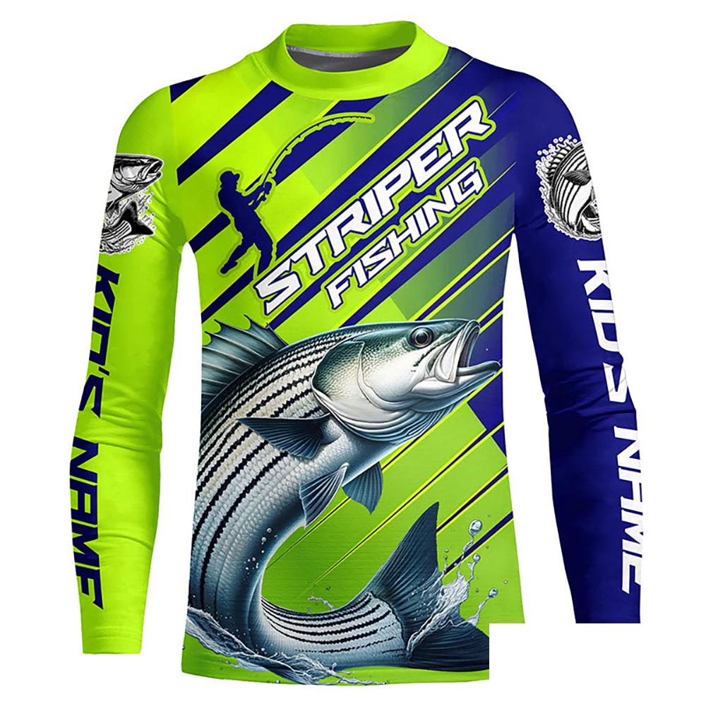 Personalized Striped Bass Fishing Tournament Jerseys, Performance Long Sleeve Shirts In Blue & Green IPHW6624