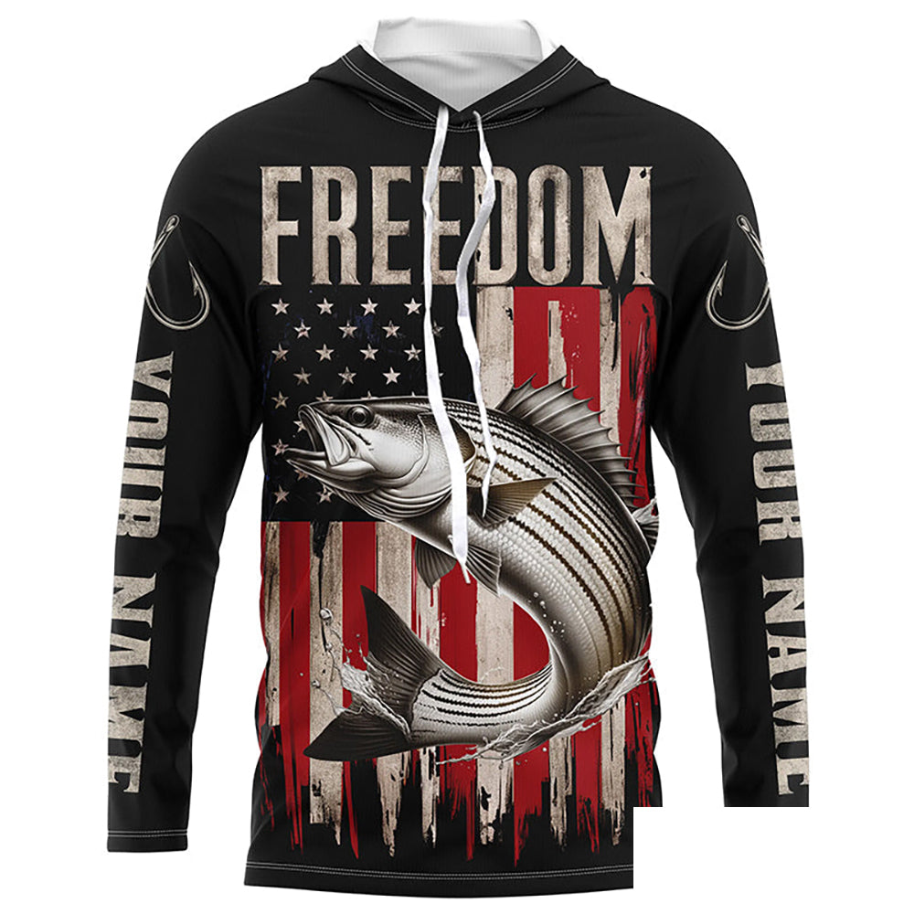 Personalized Patriotic Striped Bass Long Sleeve Fishing Shirts, American Flag Fishing Shirts IPHW6811
