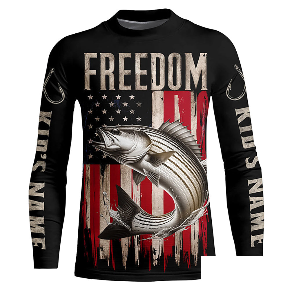 Personalized Patriotic Striped Bass Long Sleeve Fishing Shirts, American Flag Fishing Shirts IPHW6811