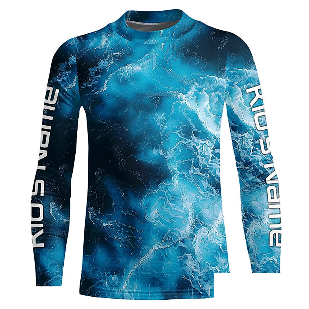 Blue Sea Waves Ocean Camo Long Sleeve Uv Protection Fishing Shirts, Personalized Fishing Jersey IPHW7192