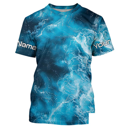 Blue Sea Waves Ocean Camo Long Sleeve Uv Protection Fishing Shirts, Personalized Fishing Jersey IPHW7192