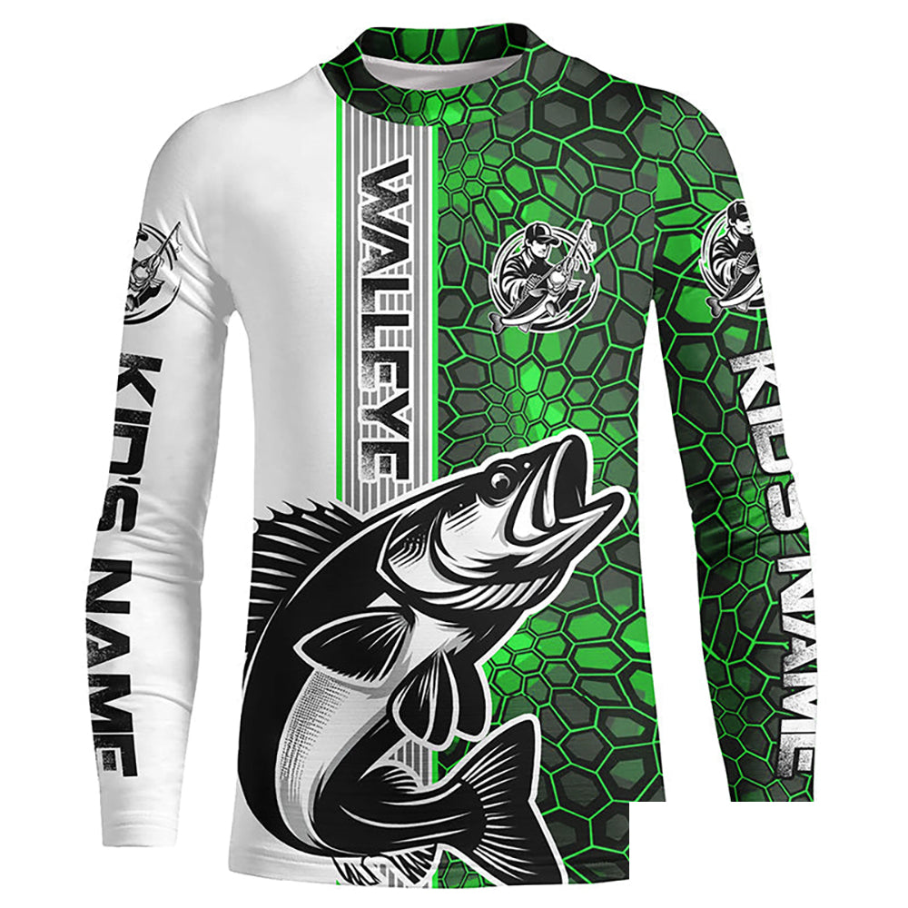 Walleye Fishing Custom Grunge Long Sleeve Tournament Shirts, Walleye Fishing Jerseys | Green Camo IPHW6637