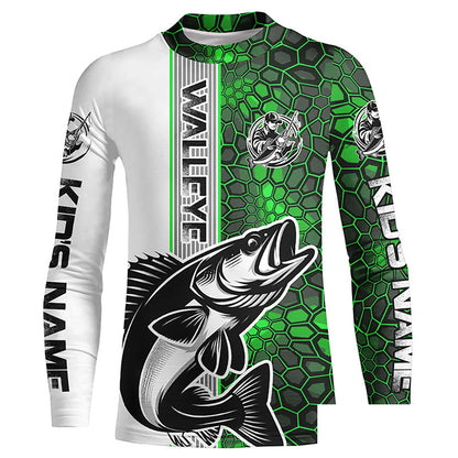 Walleye Fishing Custom Grunge Long Sleeve Tournament Shirts, Walleye Fishing Jerseys | Green Camo IPHW6637