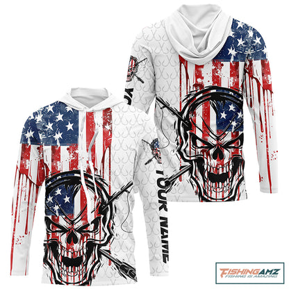 American Flag Fishing Skull Custom Long Sleeve Fishing Shirts, Patriotic Fishing Jerseys IPHW6996