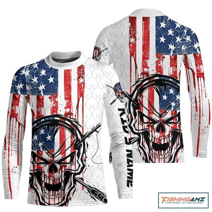 American Flag Fishing Skull Custom Long Sleeve Fishing Shirts, Patriotic Fishing Jerseys IPHW6996