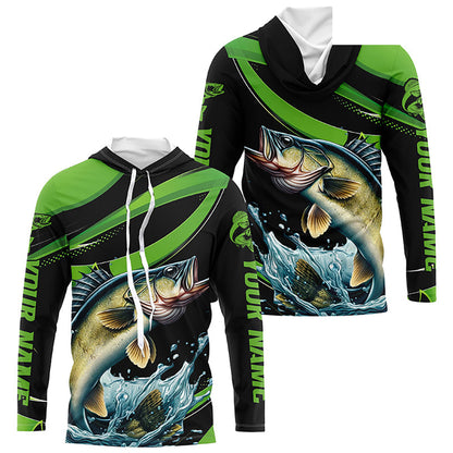 Black And Green Custom Walleye Fishing Jerseys, Walleye Long Sleeve Tournament Fishing Shirts IPHW7001