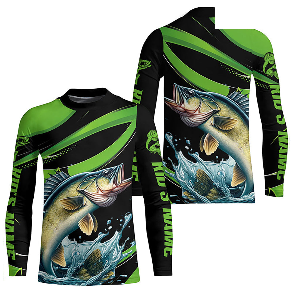 Black And Green Custom Walleye Fishing Jerseys, Walleye Long Sleeve Tournament Fishing Shirts IPHW7001