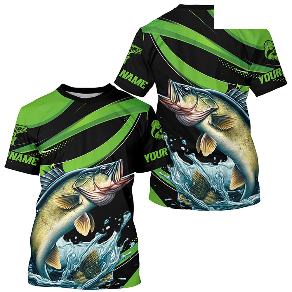 Black And Green Custom Walleye Fishing Jerseys, Walleye Long Sleeve Tournament Fishing Shirts IPHW7001