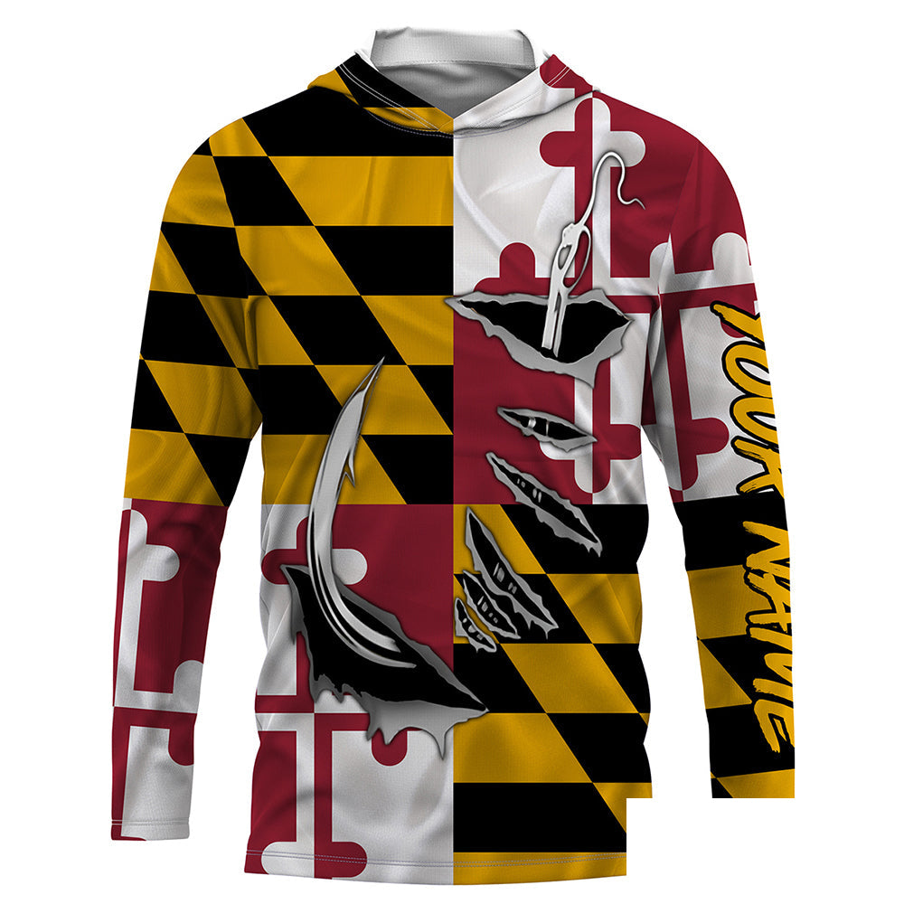 Maryland Flag 3D Fish Hook Custom Men Long Sleeve performance Fishing Shirts, Patriotic Fishing apparel - HPW47
