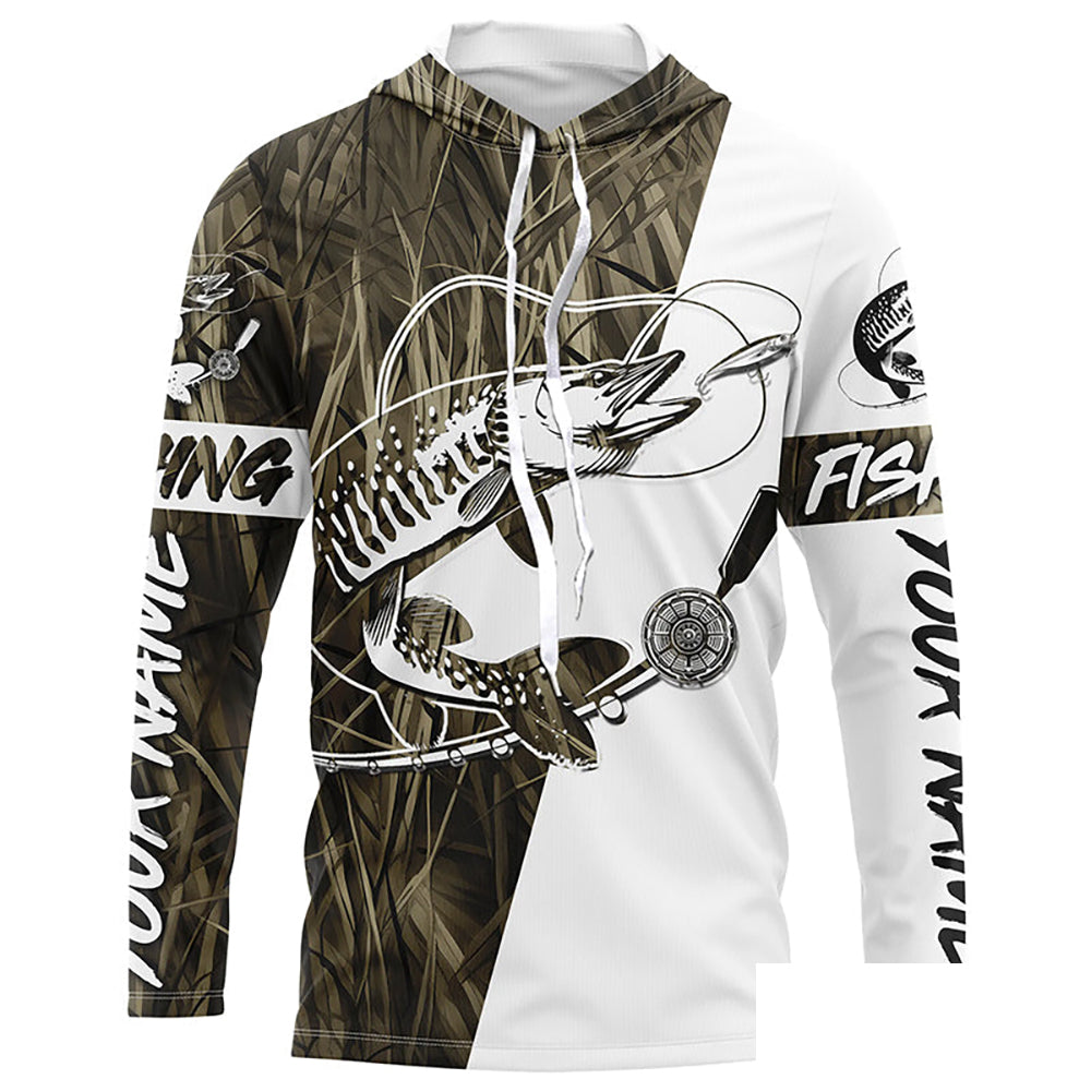 Musky Fishing Tattoo Grass Camo Custom Long Sleeve Tournament Shirts, Muskie Fishing Jerseys IPHW6129