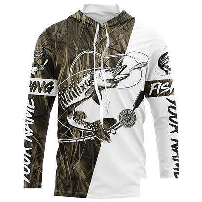 Musky Fishing Tattoo Grass Camo Custom Long Sleeve Tournament Shirts, Muskie Fishing Jerseys IPHW6129