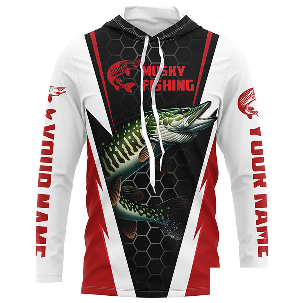 Personalized Musky Fishing Long Sleeve Tournament Fishing Shirts, Musky Fishing Jerseys |Red IPHW6141