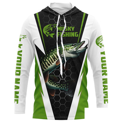 Personalized Musky Fishing Long Sleeve Tournament Fishing Shirts, Musky Fishing Jerseys |Green IPHW6142