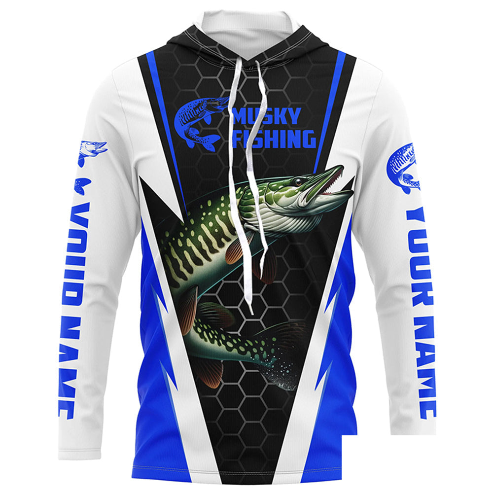 Personalized Musky Fishing Long Sleeve Tournament Fishing Shirts, Musky Fishing Jerseys |Blue IPHW6143