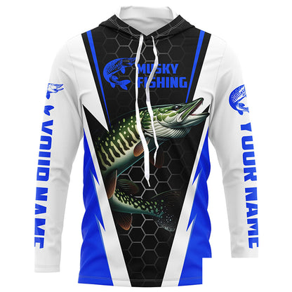 Personalized Musky Fishing Long Sleeve Tournament Fishing Shirts, Musky Fishing Jerseys |Blue IPHW6143