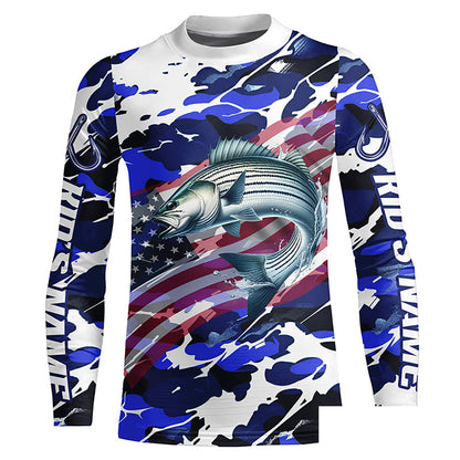 Striped Bass Fishing American Flag Camo Custom Long Sleeve Shirts, Striper Saltwater Fishing Shirts IPHW6509