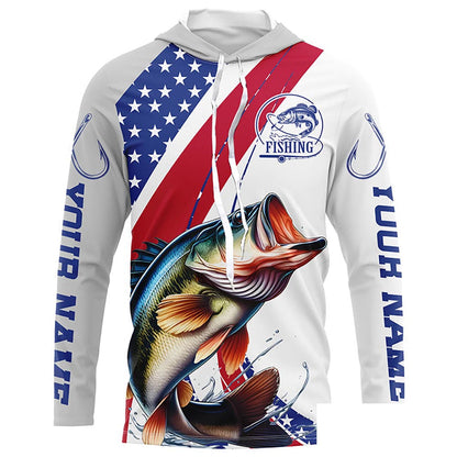 Custom Patriotic Bass Long Sleeve Fishing Shirts, Personalized Bass Fishing Jersey IPHW6846