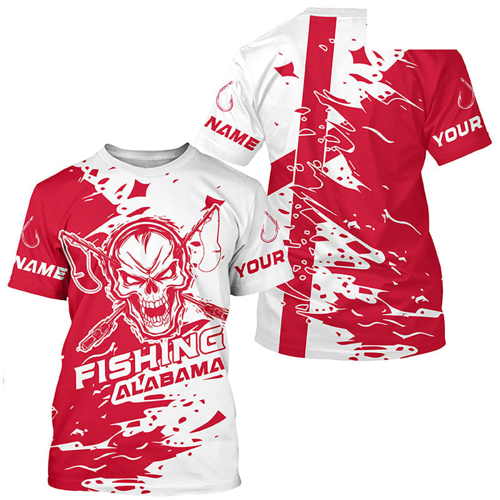 Alabama Fishing Custom Long Sleeve Fishing Shirts, Alabama Flag Skull Fishing Jerseys IPHW7002
