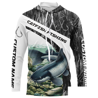Gray Camo Custom Catfish Fishing Long Sleeve Fishing Shirts, Catfish Fishing Jerseys IPHW7016