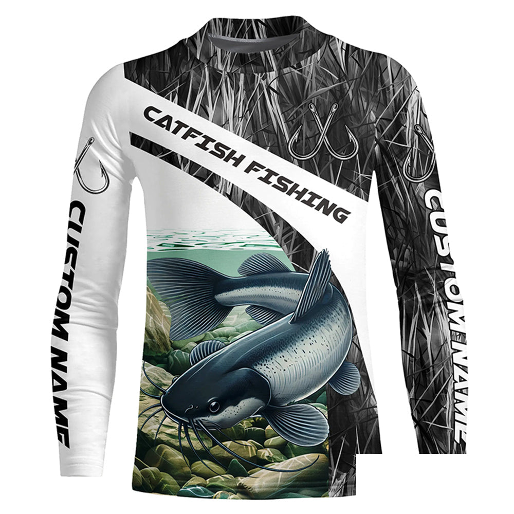 Gray Camo Custom Catfish Fishing Long Sleeve Fishing Shirts, Catfish Fishing Jerseys IPHW7016