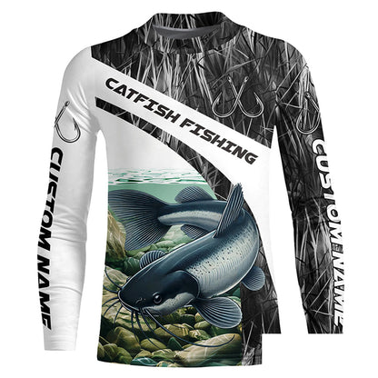 Gray Camo Custom Catfish Fishing Long Sleeve Fishing Shirts, Catfish Fishing Jerseys IPHW7016