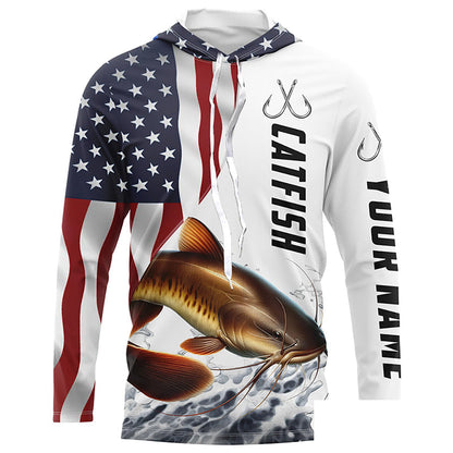 Catfish Fishing Custom Long Sleeve Fishing Shirts, American Flag Patriotic Catfish Fishing Shirt IPHW7017
