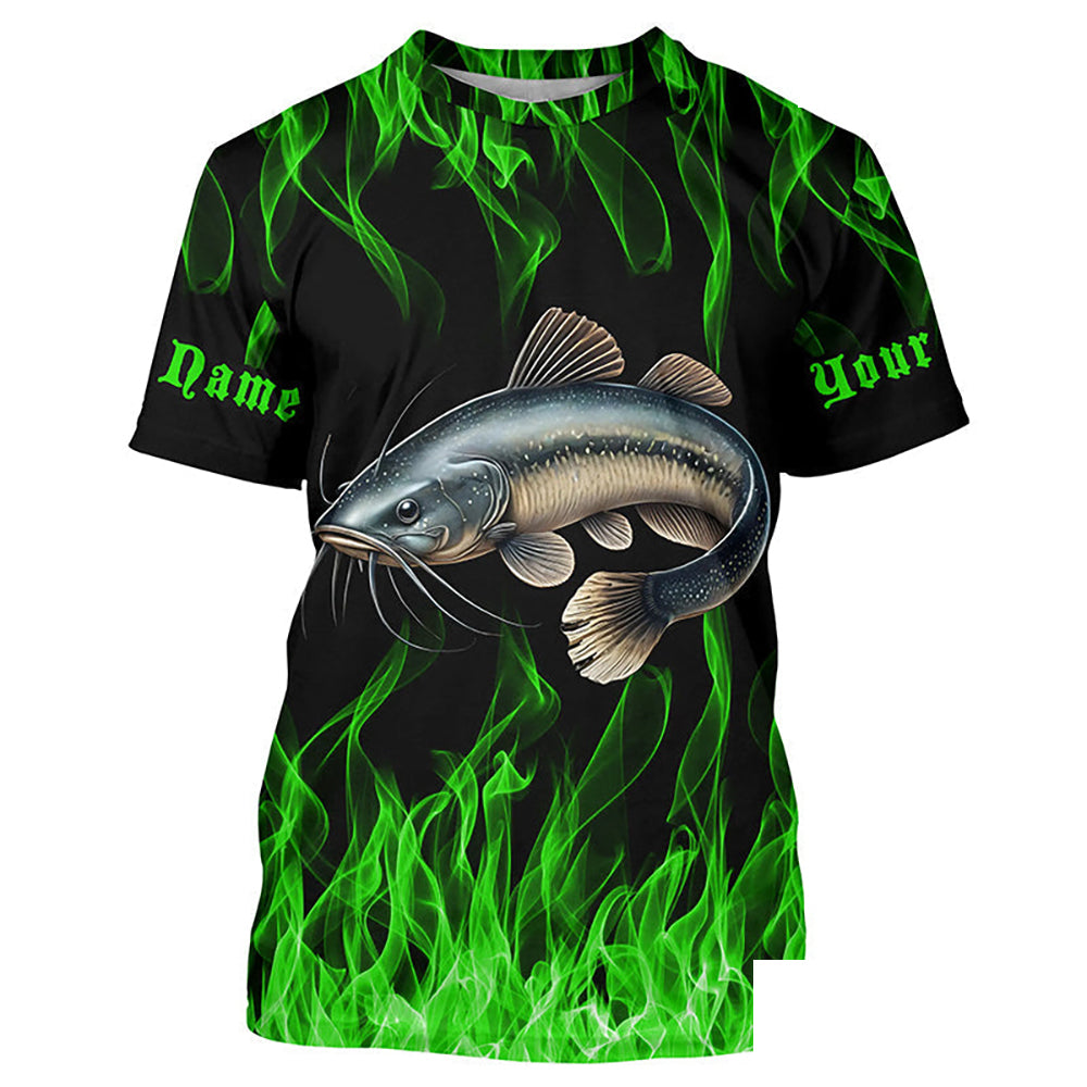Catfish Fishing Custom Long Sleeve Fishing Shirts, Green Flame Catfish Fishing Tournament Shirt IPHW7018