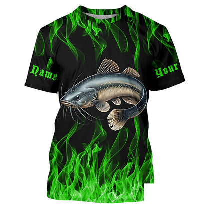 Catfish Fishing Custom Long Sleeve Fishing Shirts, Green Flame Catfish Fishing Tournament Shirt IPHW7018