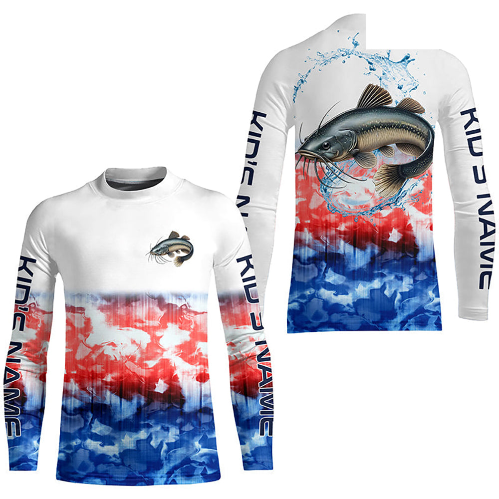 Red White And Blue Tie Dye Background Custom Patriotic Catfish Long Sleeve Fishing Shirts IPHW7019
