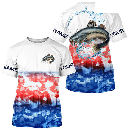 Red White And Blue Tie Dye Background Custom Patriotic Catfish Long Sleeve Fishing Shirts IPHW7019
