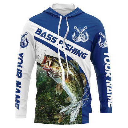 Custom Bass Fishing Long Sleeve Tournament Fishing Shirts, Bass Performance Fishing Jerseys | Blue IPHW5802