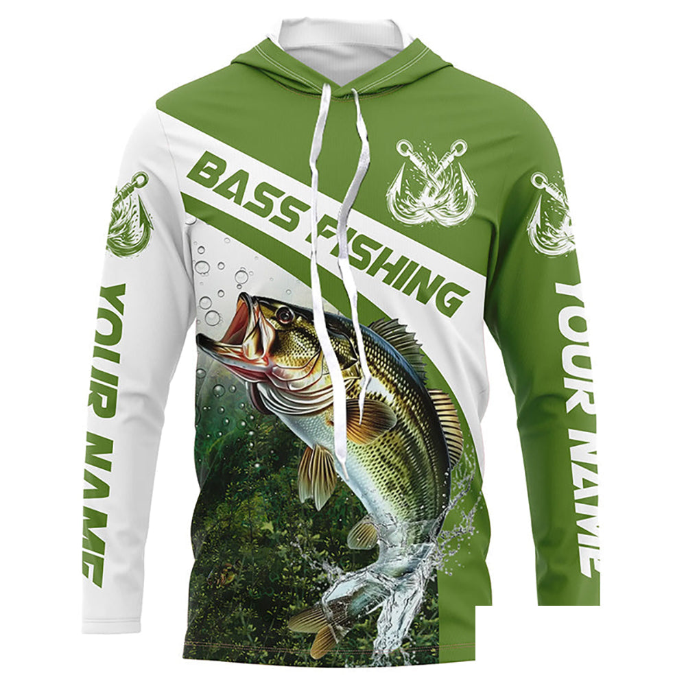Custom Bass Fishing Long Sleeve Tournament Fishing Shirts, Bass Performance Fishing Jerseys | Green IPHW5803
