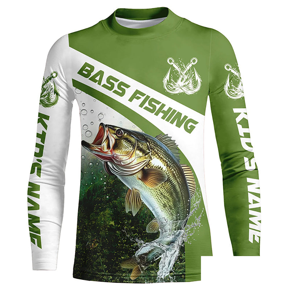 Custom Bass Fishing Long Sleeve Tournament Fishing Shirts, Bass Performance Fishing Jerseys | Green IPHW5803