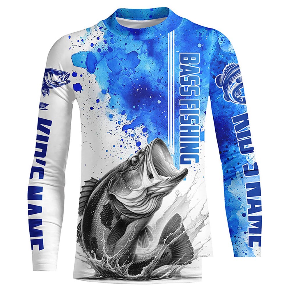 Bass Fishing Watercolor Custom Long Sleeve Performance Fishing Shirts, Bass Fishing Jerseys | Blue IPHW5806