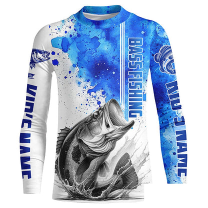 Bass Fishing Watercolor Custom Long Sleeve Performance Fishing Shirts, Bass Fishing Jerseys | Blue IPHW5806