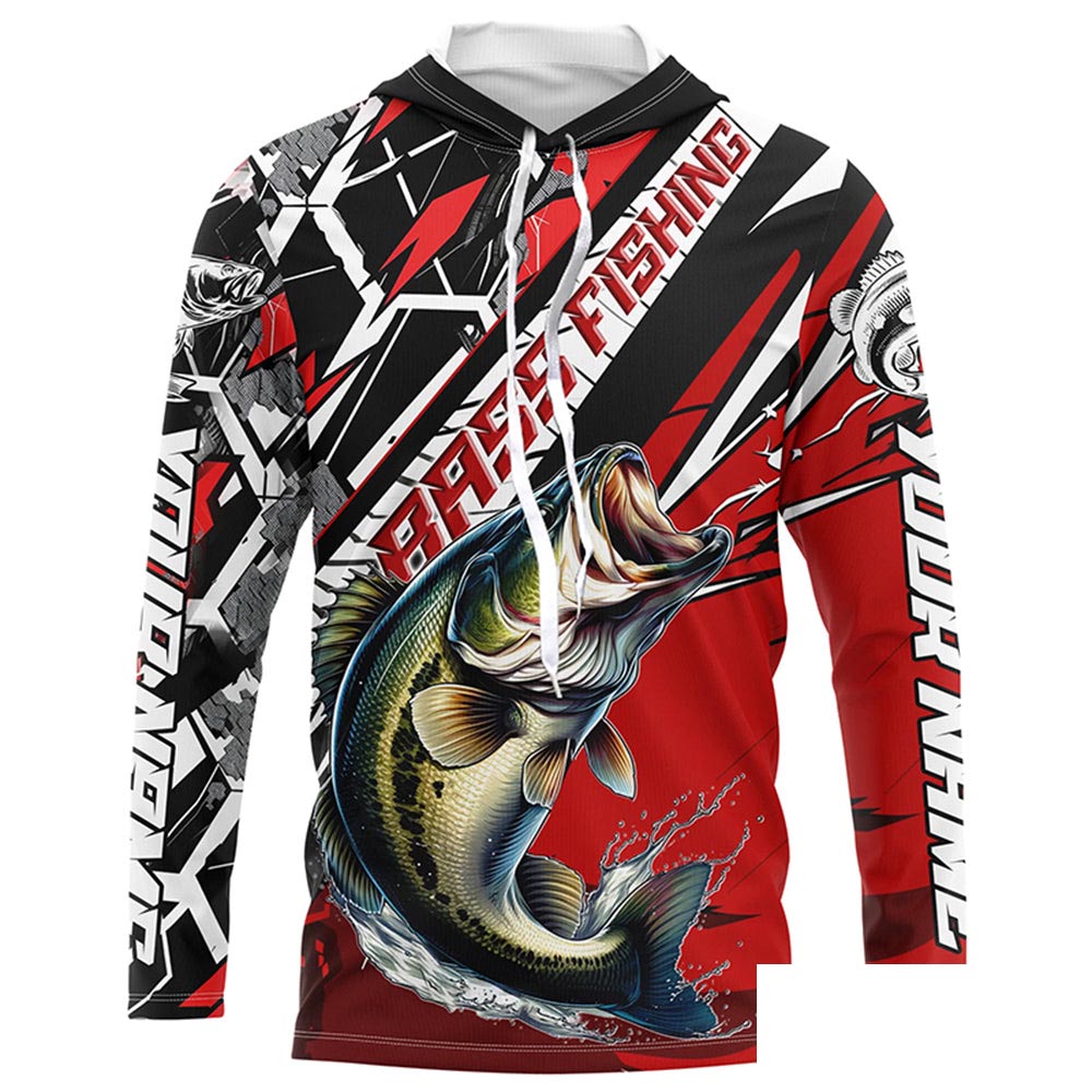 Black And Red Bass Long Sleeve Tournament Fishing Shirts, Custom Bass Fishing Jerseys IPHW6203