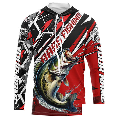 Black And Red Bass Long Sleeve Tournament Fishing Shirts, Custom Bass Fishing Jerseys IPHW6203