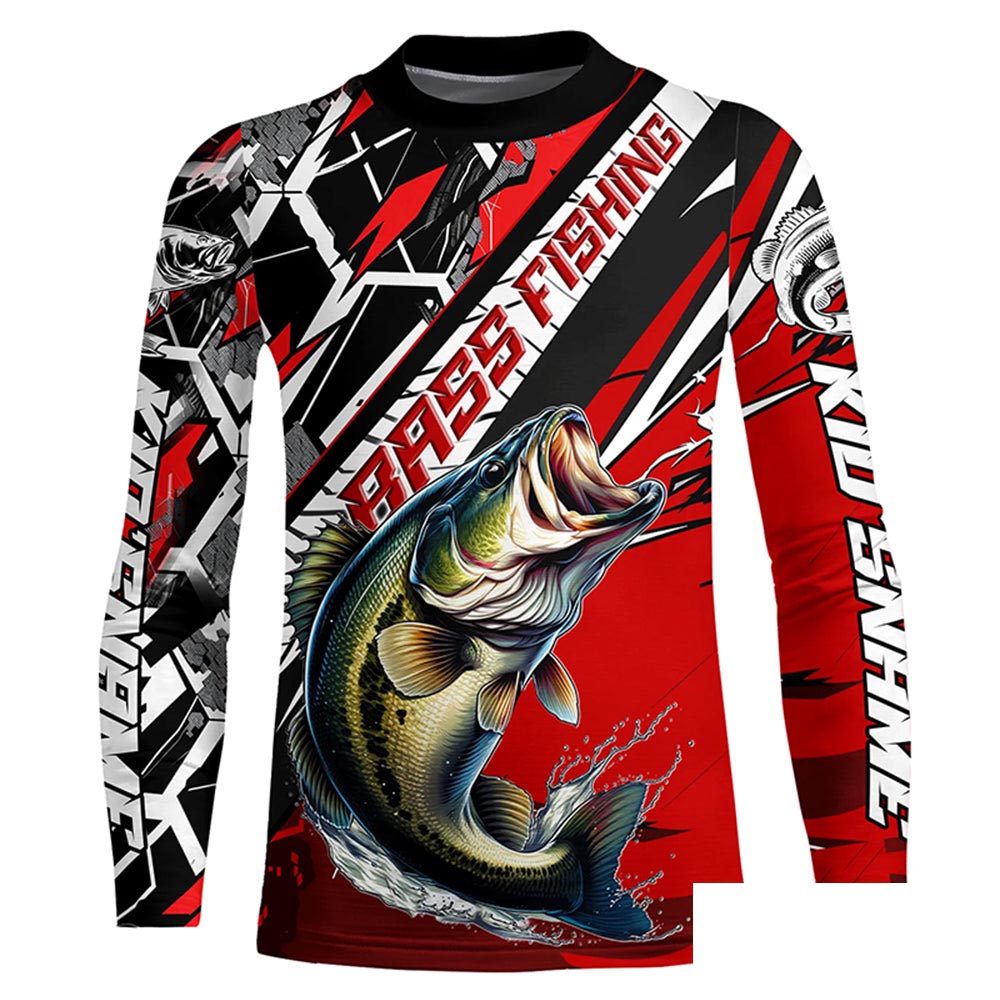 Black And Red Bass Long Sleeve Tournament Fishing Shirts, Custom Bass Fishing Jerseys IPHW6203